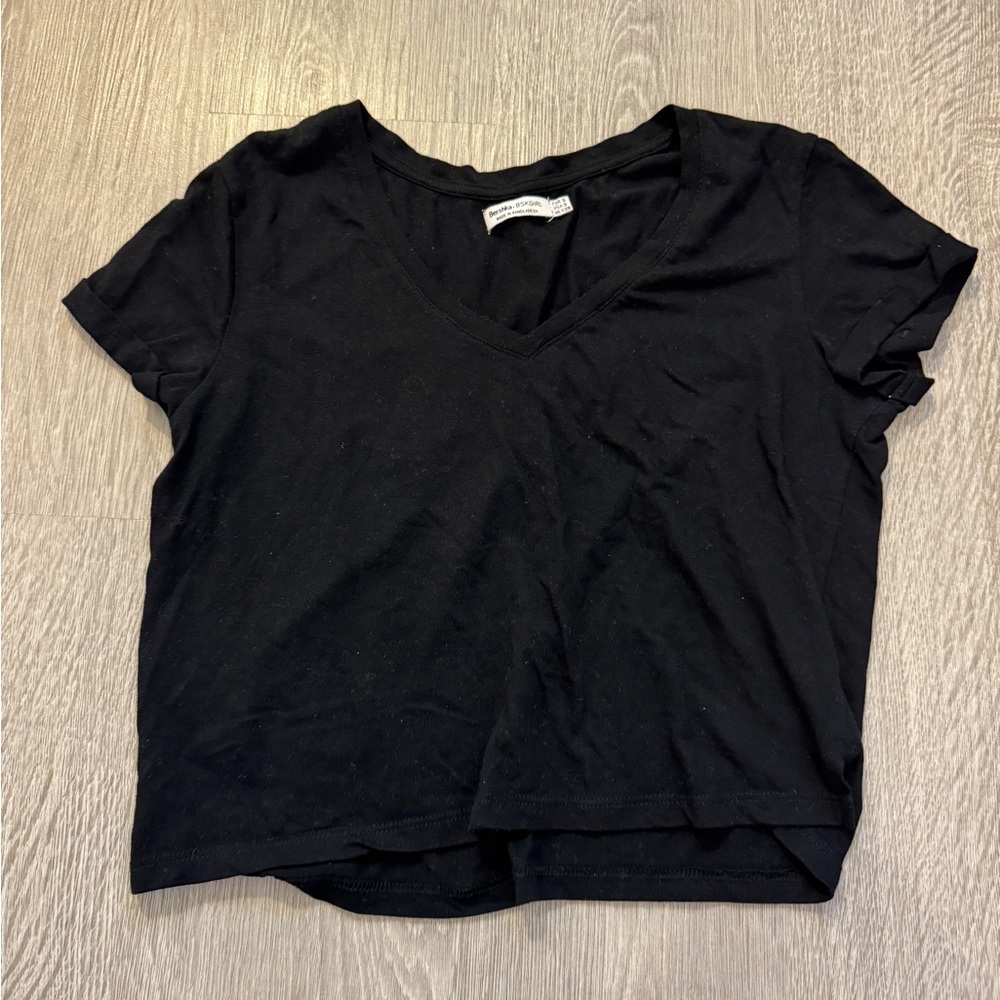 Pick 2 for $20. Bershka Black V-Neck Short Sleeve crop tee